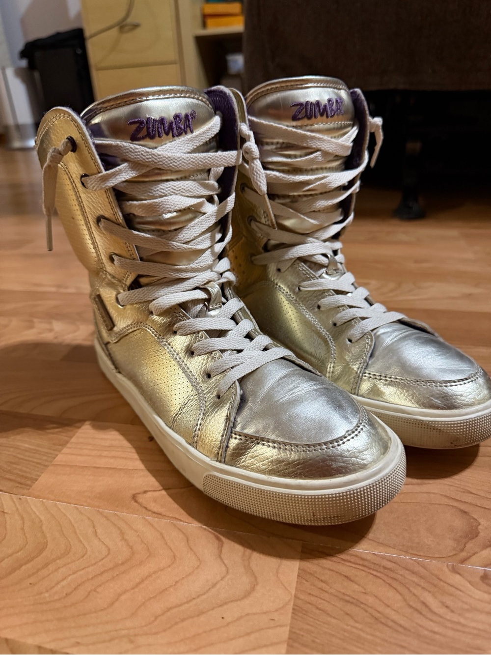 Zumba Fitness Metallic Gold High-Top Dance Sneakers with Purple Logo 7 1/2